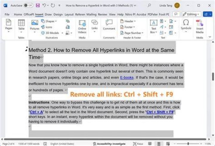 How do I hide all hyperlinks in Word?