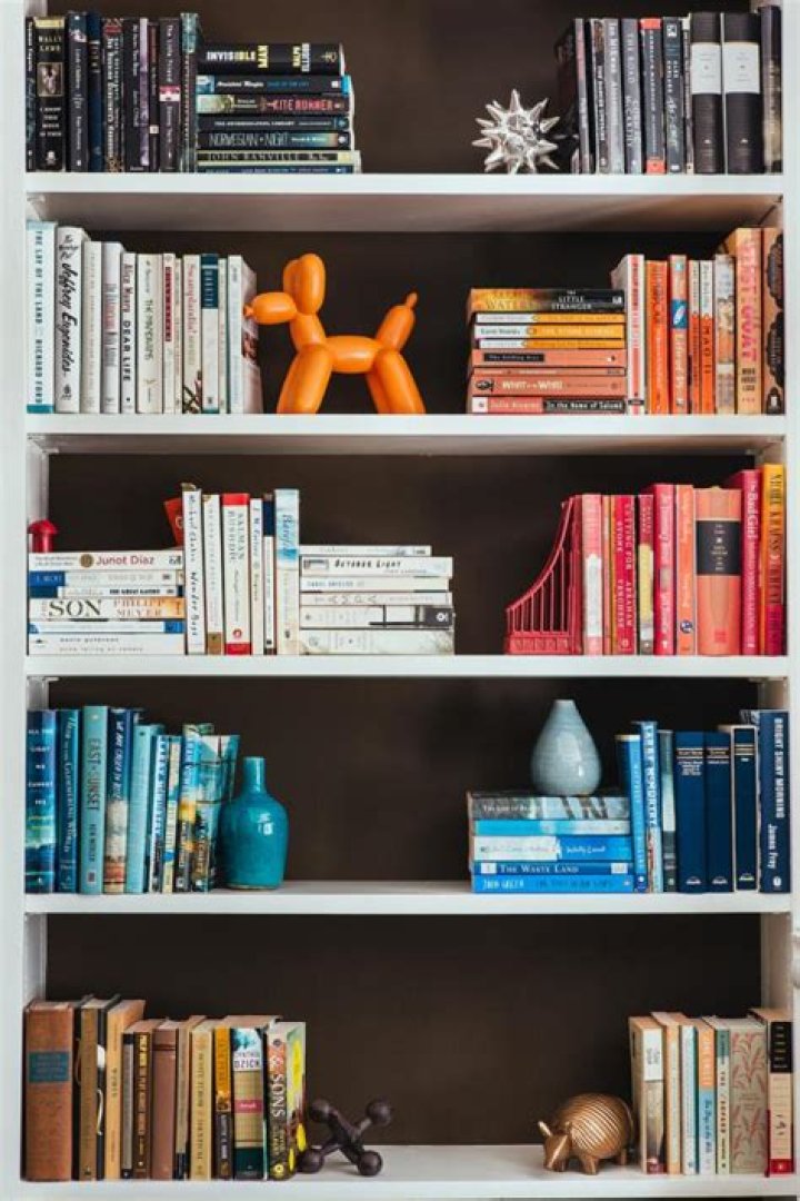 How do you arrange books on a bookshelf?