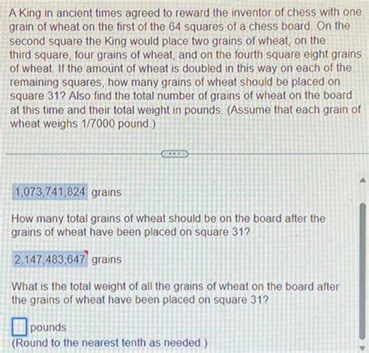 How many total grains of wheat should be on the board after the the grains of wheat have been placed on square?