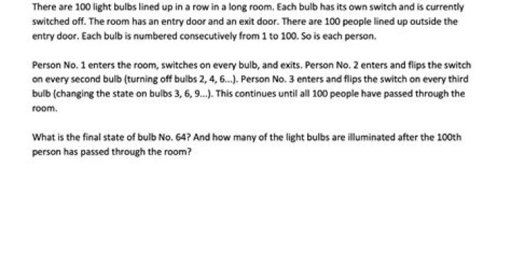 What is the final state of bulb No 64 and how many of the light bulbs are illuminated after the 100th person has passed through the room?